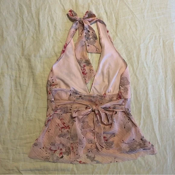 Y2K Forever 21 Floral Halter Tie Pink Top Women’s Medium - Picture 2 of 9